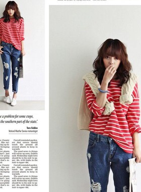 k503韩国女装代条纹宽松春秋女长袖卫衣t恤打底衫毛圈棉质现货