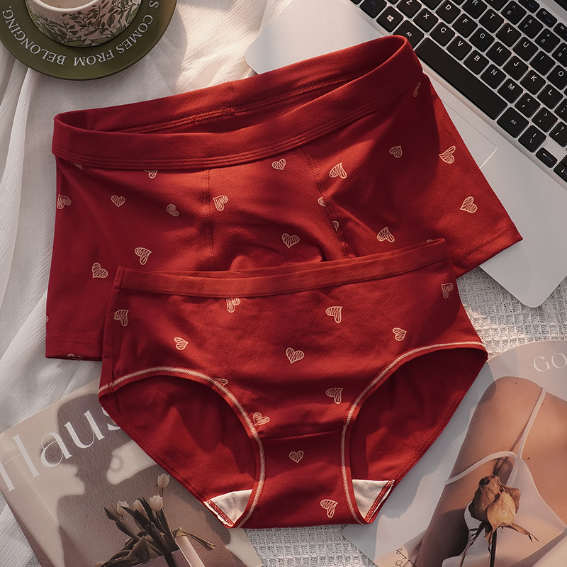 甜米家情侣内裤红色结婚本命年一男一女夫妻内衣一对纯棉大红套装