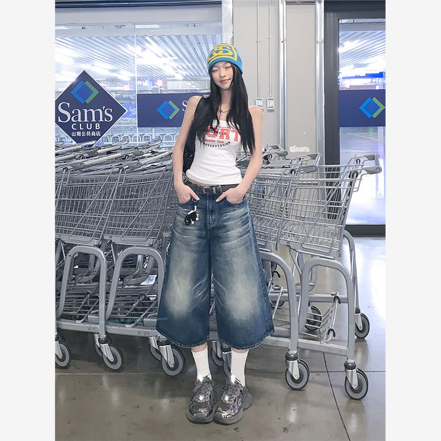 美式复古阔腿七分牛仔裤女夏季高腰显瘦宽松慵懒风休闲百搭直筒裤