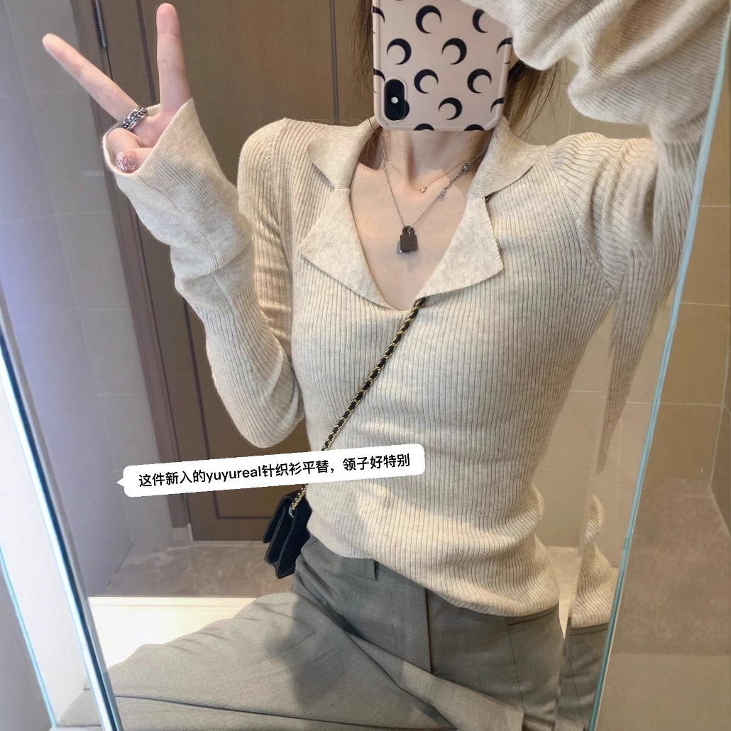 简漫妮小众设计感polo领上衣修身v领针织衫早秋打底衫女内搭