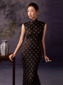 黑色圆点改良修身 新中式 旗袍2026新款 礼服人丝提花