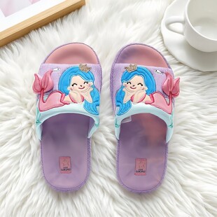 家丽芙卡通美人鱼刺绣足弓硬底儿童拖鞋春秋公主女孩居家布拖防滑