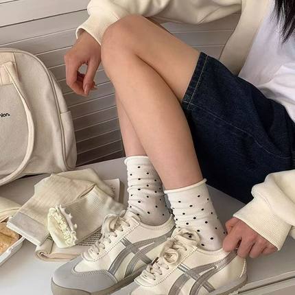奶白色中筒袜春夏百搭纯色堆堆袜长袜韩版波点木耳边月子袜女