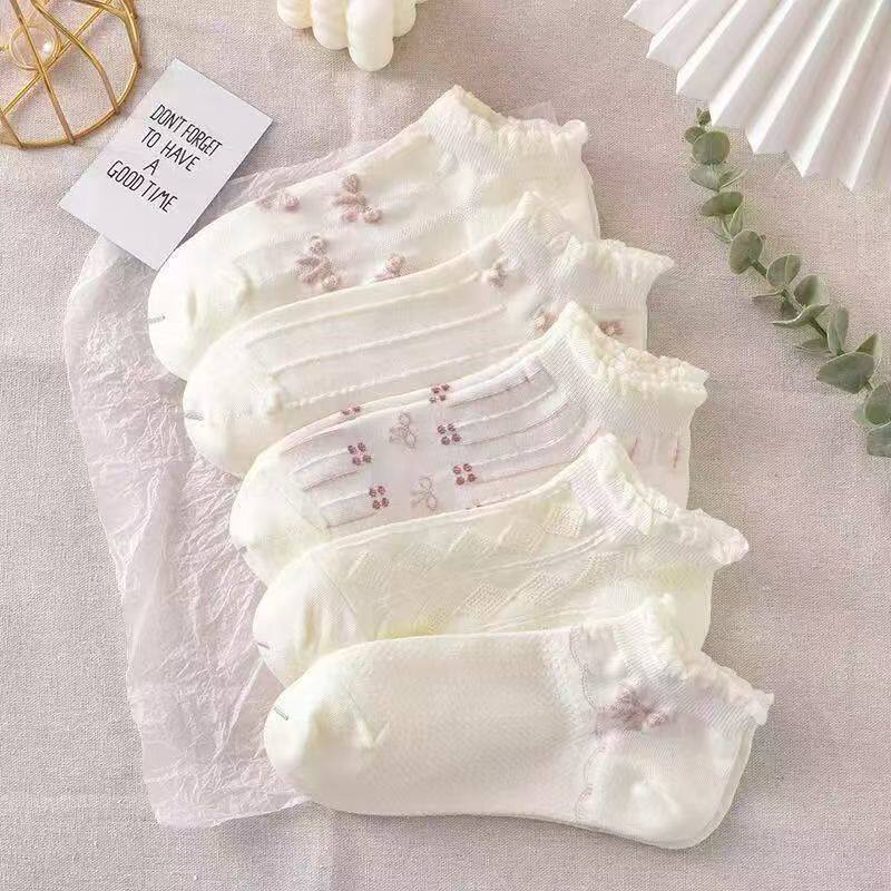 蝴蝶结短袜女款浅口袜子夏天公主风白色立体花边学生百搭少女潮流