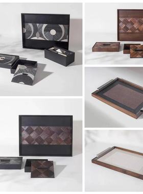 现代简约样板间装饰盒饰品几何图纹木质首饰盒子托盘饰品装饰品