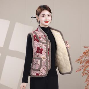 马甲女秋冬季加厚加绒喜庆妈妈保暖背心中老年坎肩民族风休闲马夹