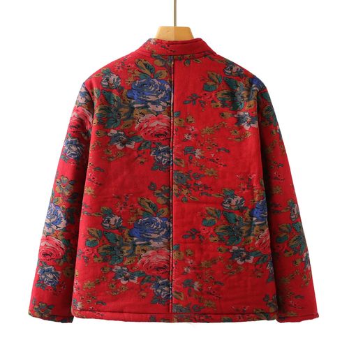 棉麻妈妈装小棉袄夹棉加绒棉服复古民族风宽松大码网红东北老花布