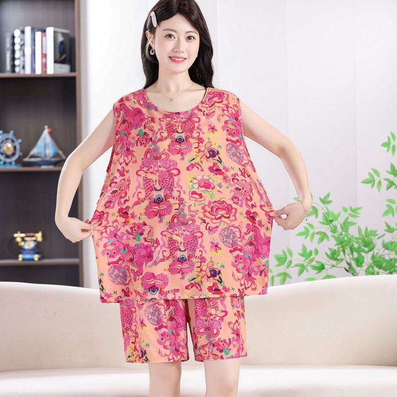 睡衣女士棉绸套装夏季背心绵绸短袖短裤人造棉家居服薄款加肥加大