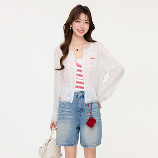 白色圆领薄款微透长袖针织开衫罩衫吊带裙外搭女2026春夏正肩上衣