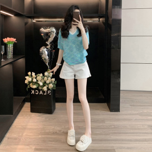 烫钻短裤 小个子宽松休闲短袖 两件套女 2026新款 减龄搭配一整套夏装