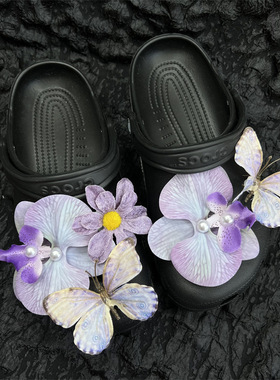 洞洞鞋通用配饰diy气质紫色大花朵紫蝴蝶新款鞋花鞋扣鞋面装饰