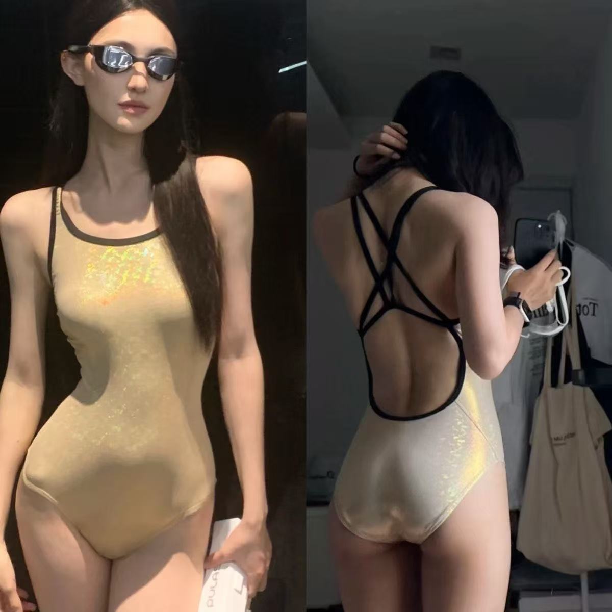 26新款韩版连体三角竞速泳衣女款烫金交叉带专业运动性感露背弹性