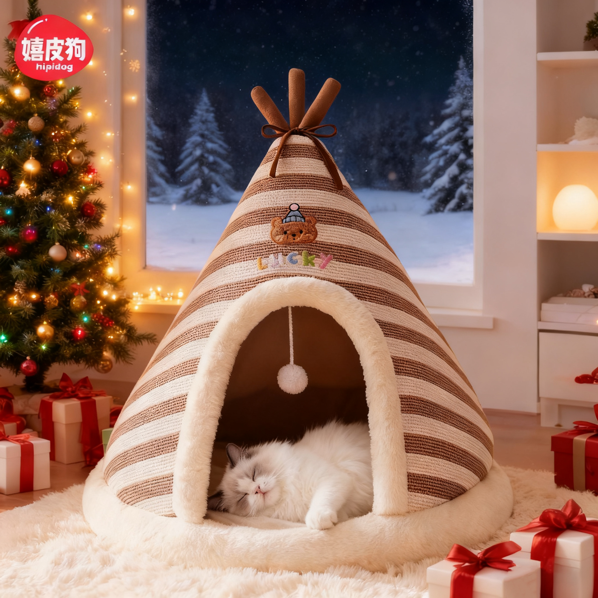 猫咪钻进帐篷窝暖呼呼的睡大觉~