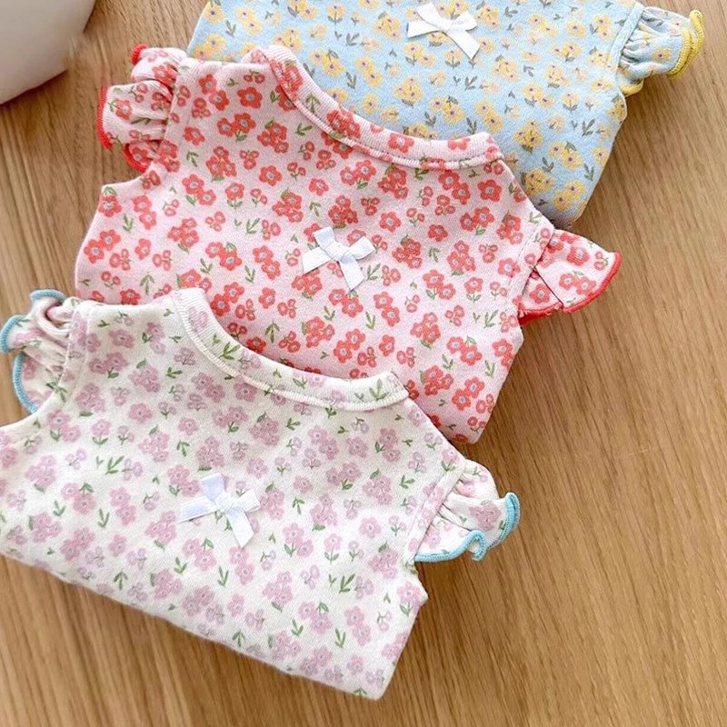 蝴蝶结碎花小飞袖背心