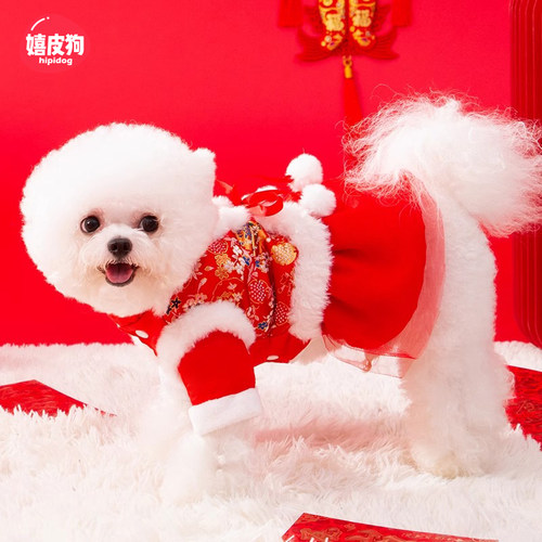 小狗狗衣服宠物泰迪比熊雪纳瑞小型犬秋冬款假两件马甲新年唐装裙