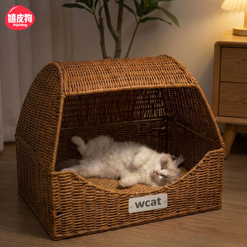 嬉皮狗猫窝四季通用猫抓板小猫藤编透气猫咪睡觉专用垫子编织用品