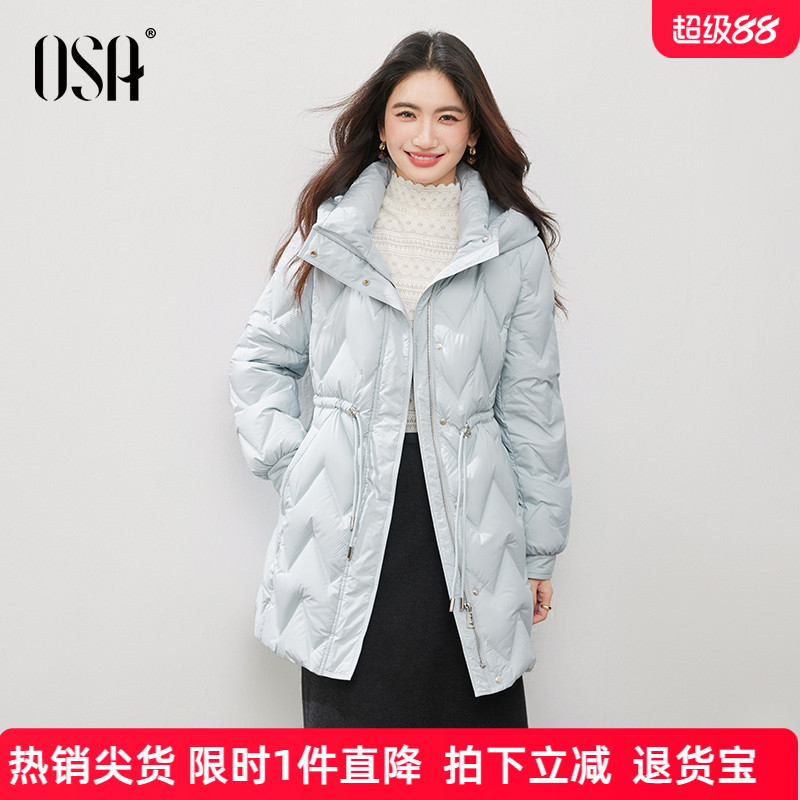 OSA欧莎连帽白鸭绒羽绒服女2025冬季新款气质防寒保暖中长款外套