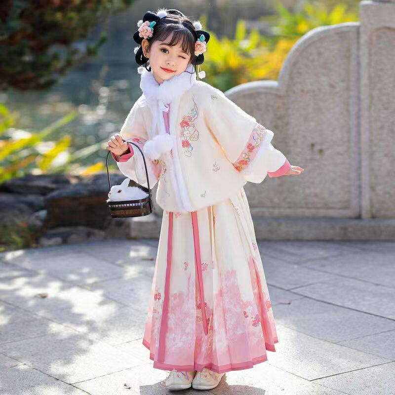 儿童汉服新款冬季加绒加厚女童马面裙中国风唐装古装小女孩拜年服