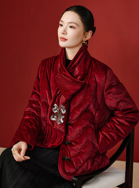 中式刺绣花复古风金丝绒羽绒服女短款轻薄95白鹅绒服保暖上衣外套