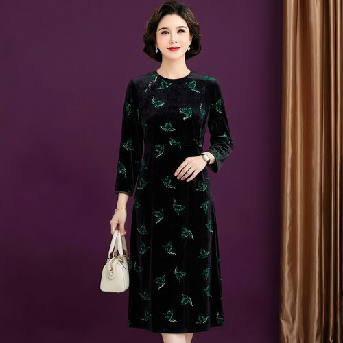 2026春秋真丝丝绒新中式连衣裙女斜襟圆领妈妈显瘦印花长袖过膝裙
