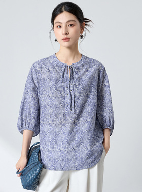 春季气质碎花圆领印花宽松衬衫日常通勤百搭显白上衣