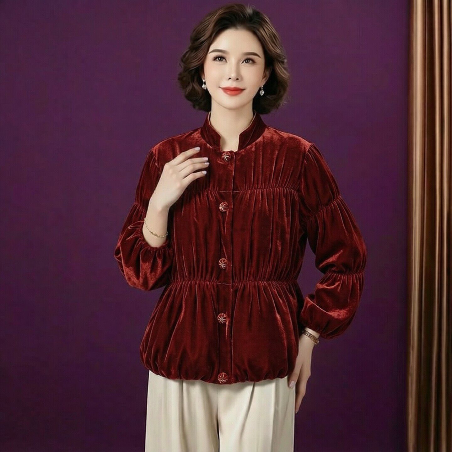 大牌100%桑蚕丝真丝绒白鹅绒服女冬季新款新中式灯笼袖羽绒服外套