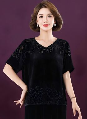 真丝绒V领遮肚宽松妈妈短袖T恤