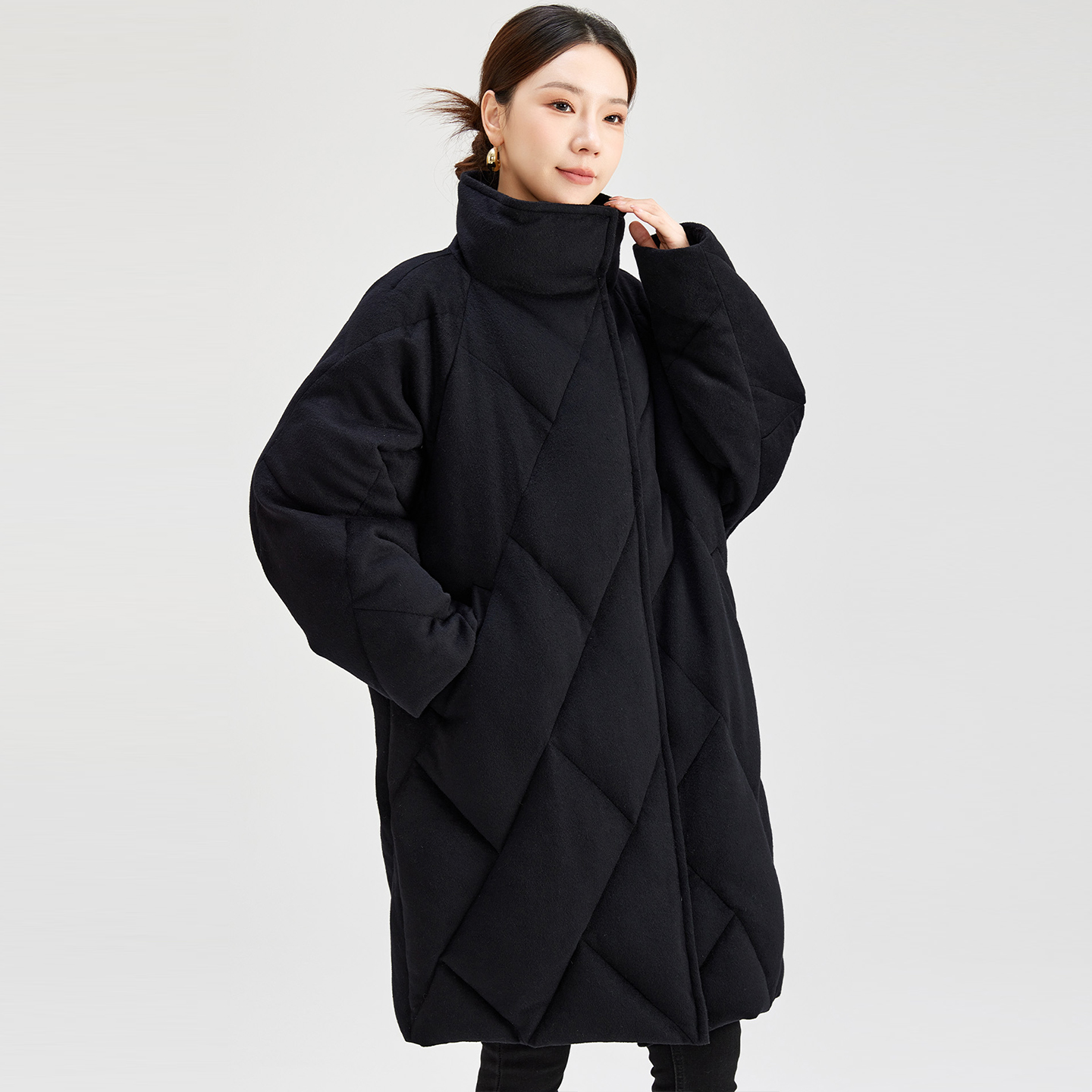 绵羊毛鹅绒羽绒服中长款黑色外套