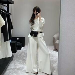 EASE春新款老钱风 韩系松弛感斜肩一字领上衣+阔腿裤两件套套装女