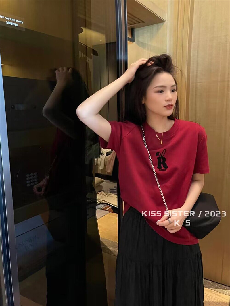 十三行上衣女高货KISS SISTER韩版夏季新款植绒字母宽松短袖T恤潮