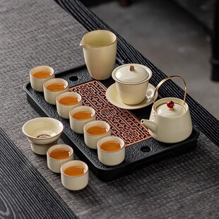 汝窑功夫茶具套装家用2025新款陶瓷茶壶茶杯轻奢高档泡茶盖碗茶盘
