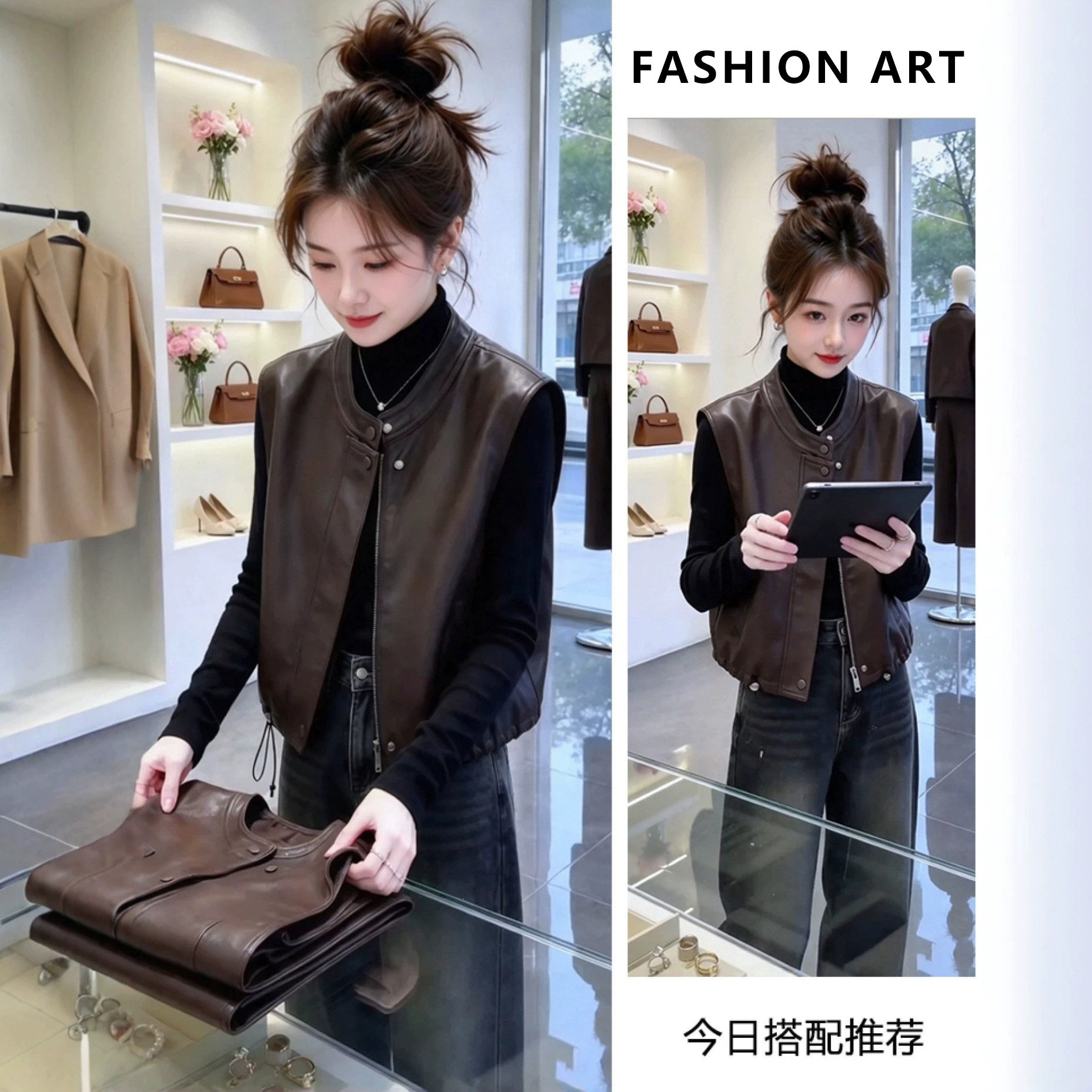 时尚小众面料设计师品牌帅气外套通勤拉链短款咖色皮衣马甲女秋季