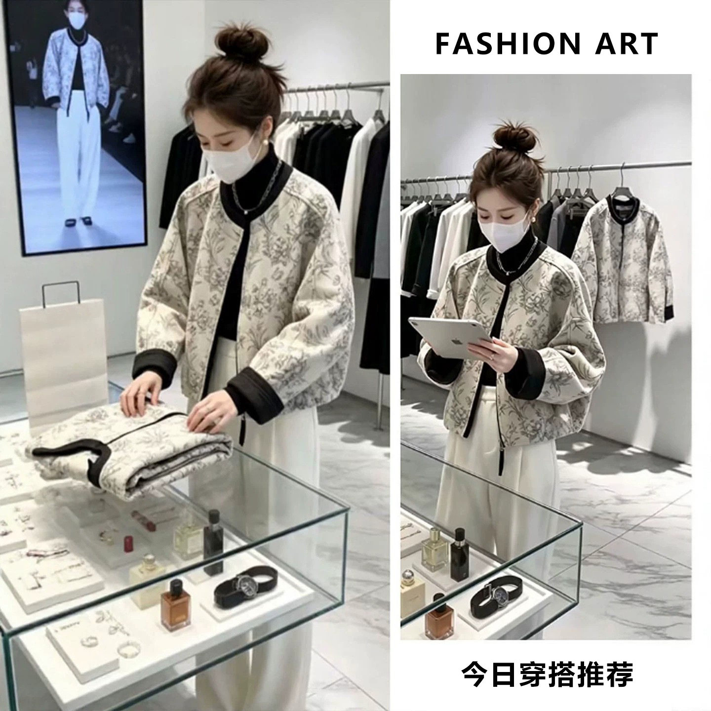 设计师品牌帅气小个子秋冬提花撞色宽松时尚洋气假两件短外套女士