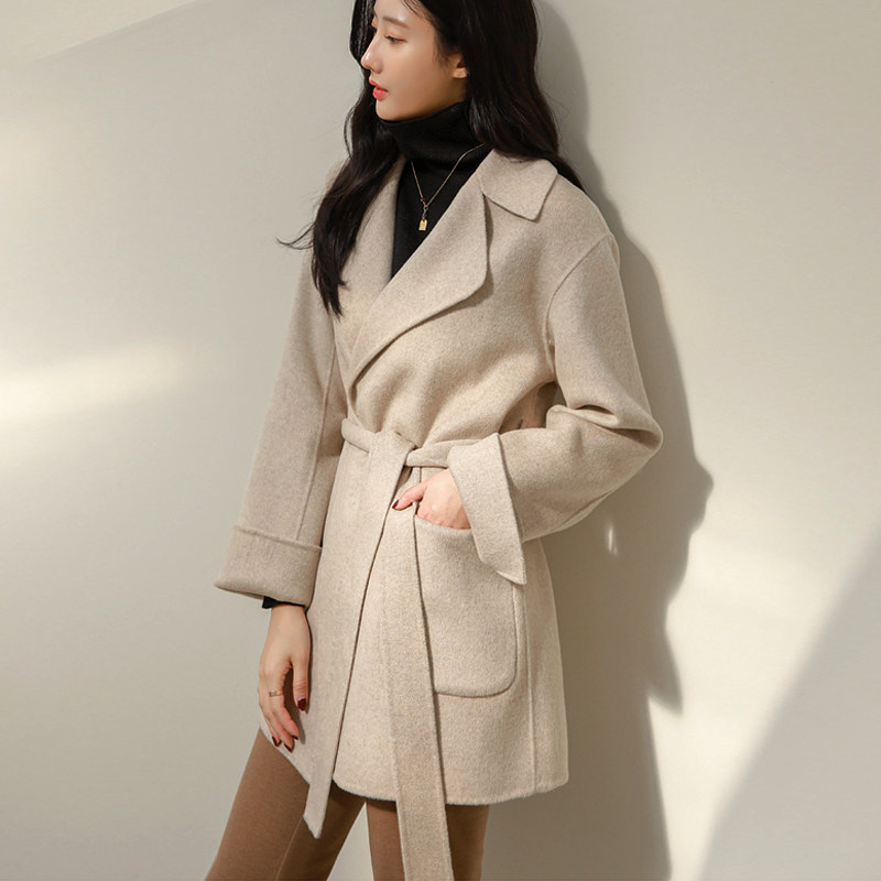 韩系东大门手工双面羊绒大衣女羊毛呢中长款外套系带羊毛宽松,女装/女士精品,毛呢外套,淘宝优惠券,粉丝福利购,淘宝优惠卷