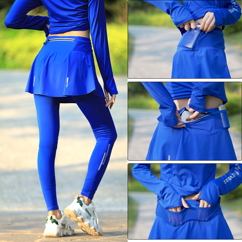 多口袋女运动裤裙大码速干假两件羽毛球网球瑜伽健身跑步长裤
