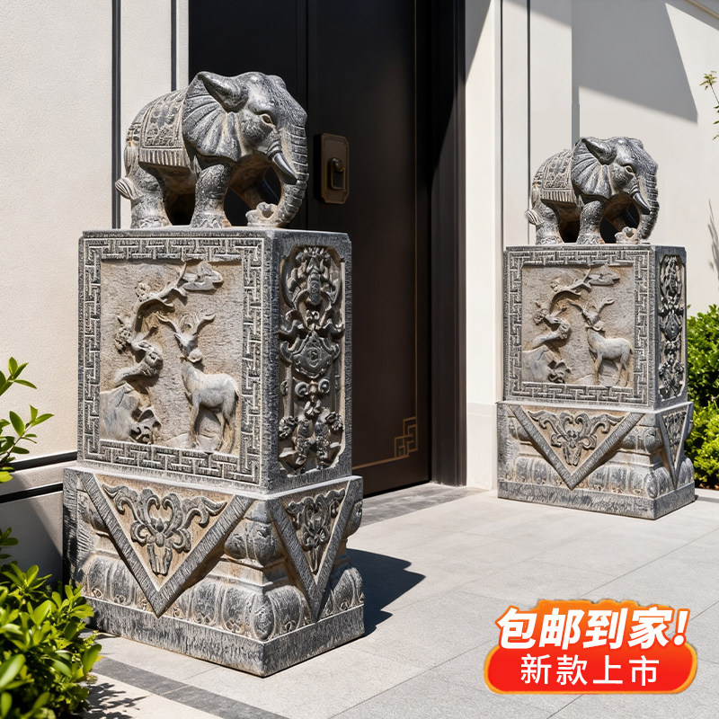 天然青石仿古抱鼓石门墩一对图片