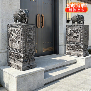 石雕门墩抱鼓石一对小象石墩别墅庭院天然青石方形石鼓户外摆件