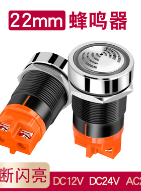 金属蜂鸣器报警器22MM间断闪光LED红色发光断续有源声12/24/220V