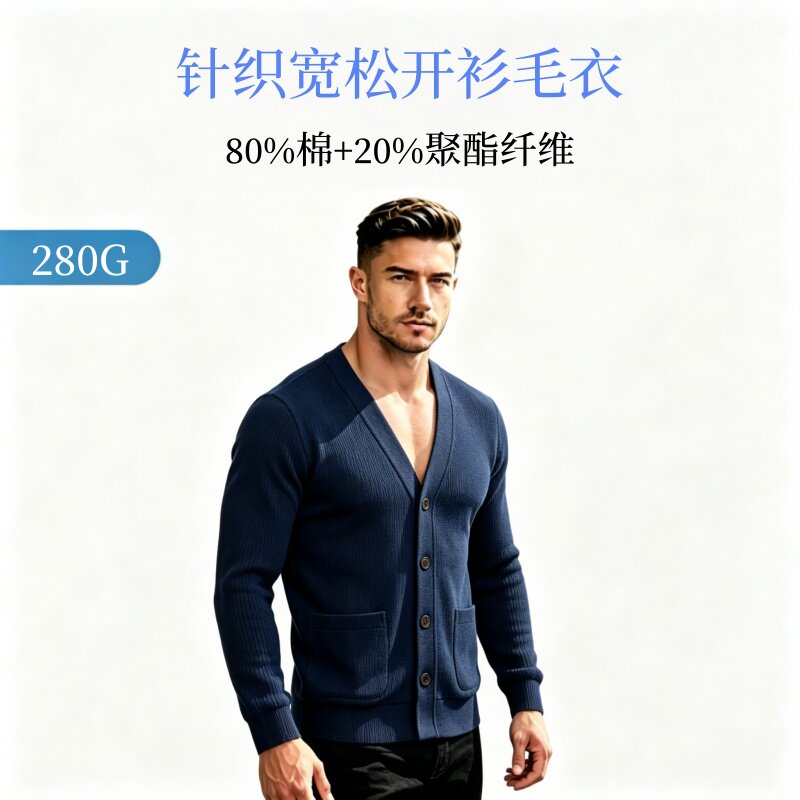 新疆长绒棉男V领开衫不易皱