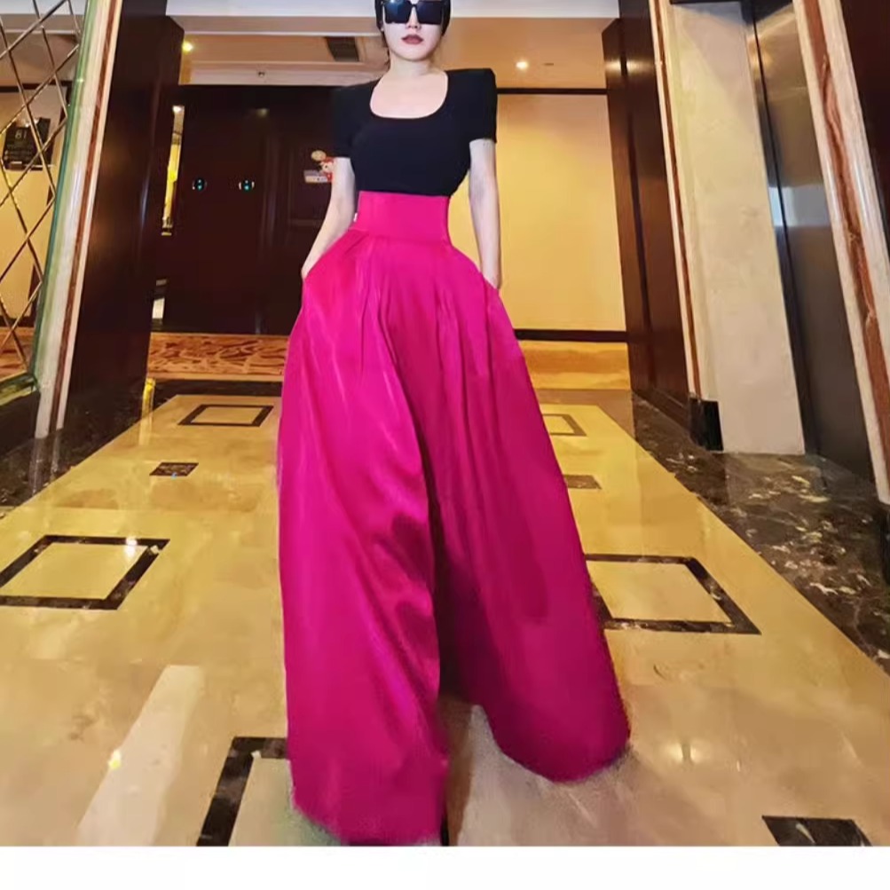 伞形玫红色长款半身裙