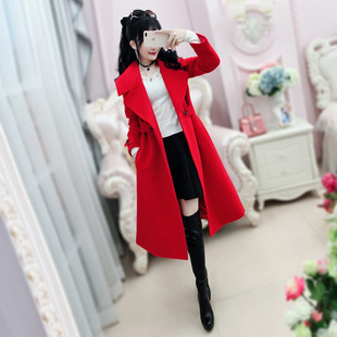 秋冬季时尚新品女装韩版矮个子红色翻领修身中长款毛呢大衣外套