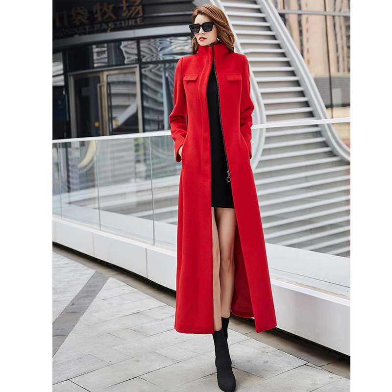 长款红色时尚毛呢大衣外套