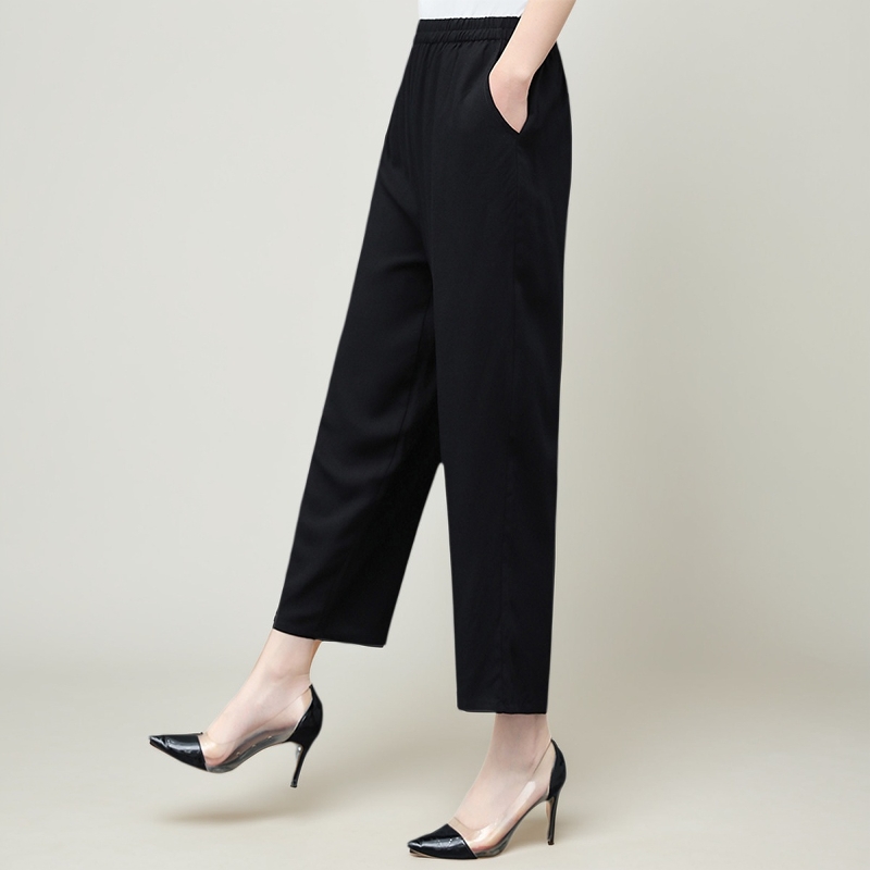 薄款棉绸夏季裤子女士宽松高腰八分裤大码妈妈装直筒休闲外穿纯色