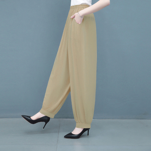 子女士高腰宽松长裤 裤 棉绸大码 灯笼裤 纯色外穿 夏季 显瘦沙滩裤 薄款