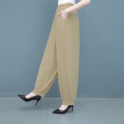 夏季薄款裤子女士高腰宽松长裤棉绸大码灯笼裤显瘦沙滩裤纯色外穿