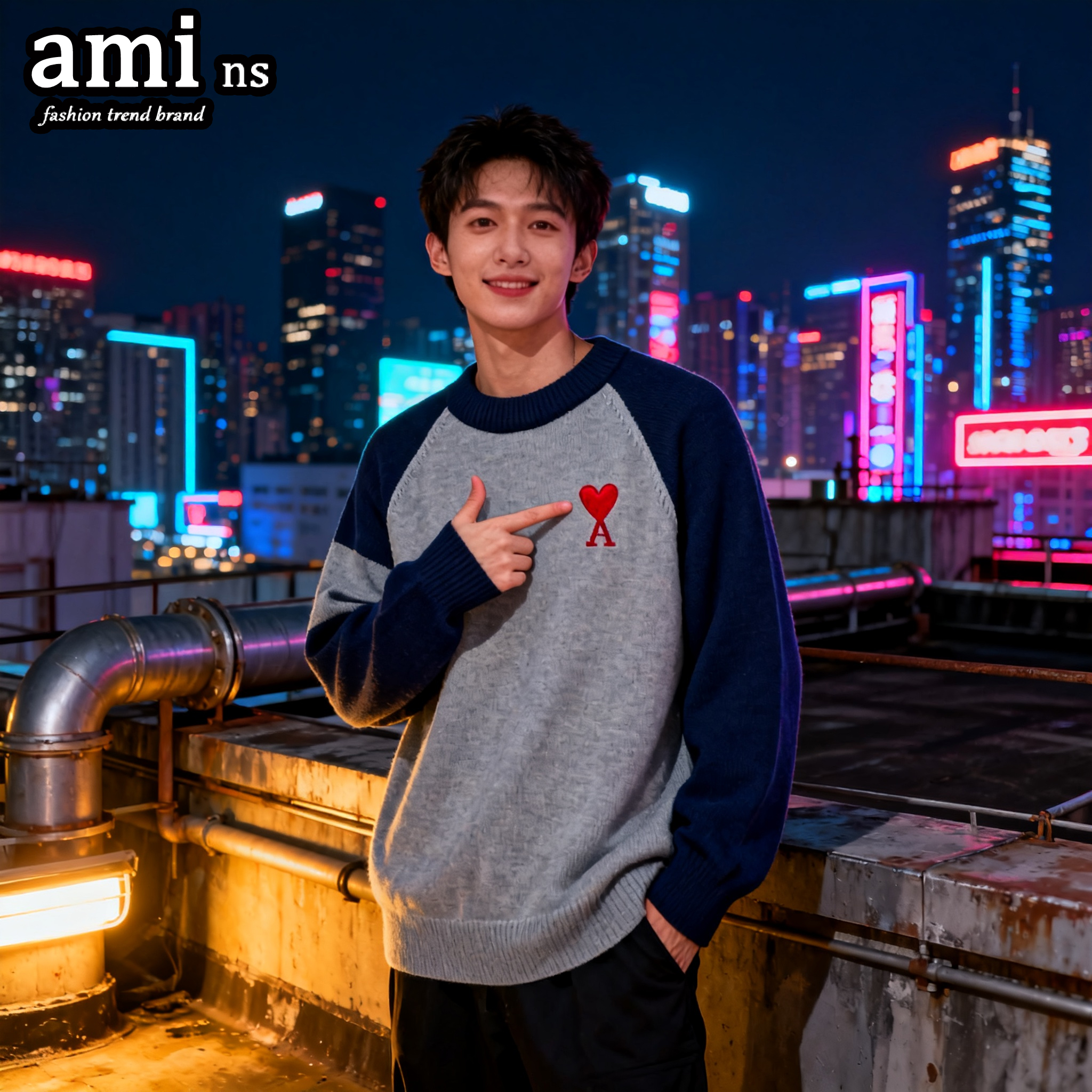 AMI秋冬爱心情侣衫针织圆领毛衣