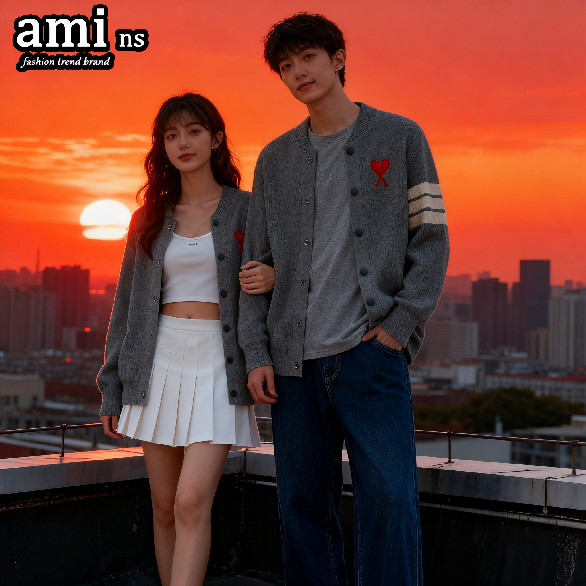 AMI单排扣针织开衫情侣圆领毛衣