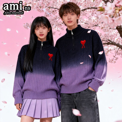 AMI半拉链立领毛衣情侣款针织衫