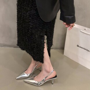 仙女鞋 子2024新款 春夏季 银色高跟鞋 后空单鞋 包头凉鞋 法式 尖头大码