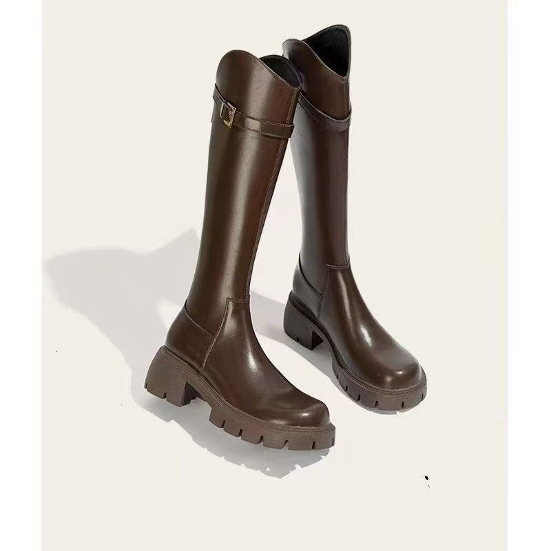 加宽大码长筒靴女2024年款秋冬加绒增高厚底高筒长靴粗跟百搭靴子